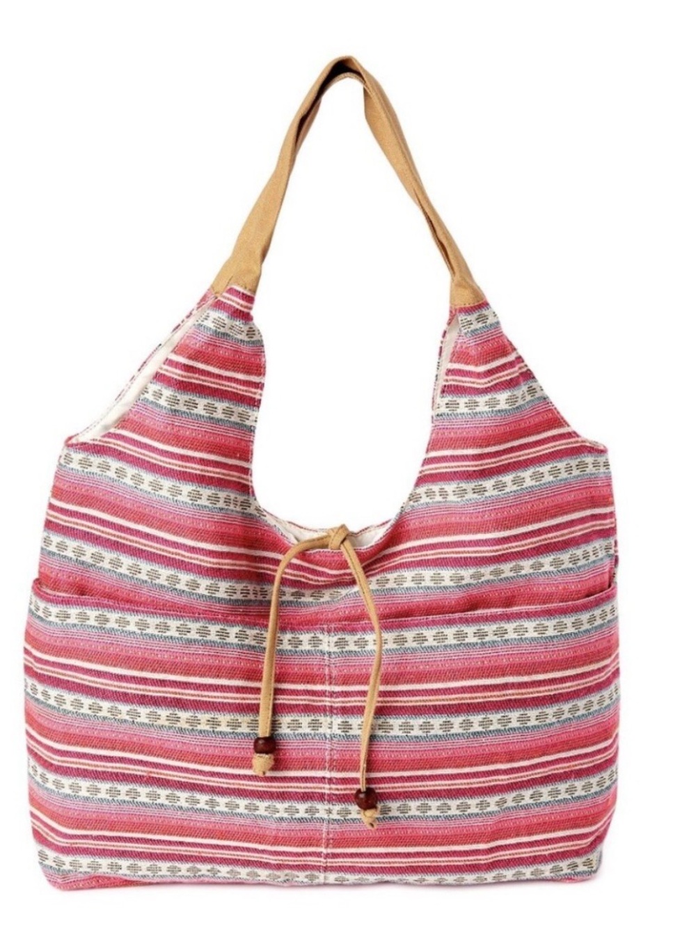 Striped Pink Canvas Shoulder Bag with Tan Accents